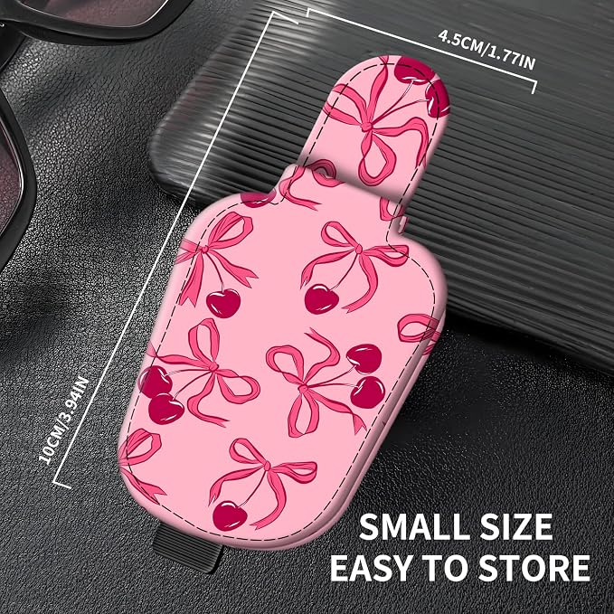 Leather Magnetic Sunglass Holder for Car Sun Visor, Cute Eyeglass Ticket Card Hanger Clip, Universal Auto Interior Accessories for SUV Pickup Truck Pink Bow - Image 4