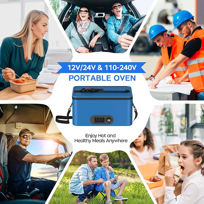 Portable Oven, 12V 24V 110V-240V Car Food Warmer Portable Personal Mini Oven Electric Heated Lunch Box for Meals Reheating & Raw Food Cooking for Road Trip/Camping/Picnic/Family Gathering(Blue) - Image 6