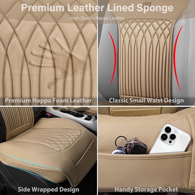 CAR PASS Car Seat Protector, 2 Pack Sideless Nappa Leather Seat Covers for Cars, All Season Waterproof Breathable Front Seats Cushion with Storage Pocket Universal Fit Vehicle Car SUV Truck, All Beige - Image 8