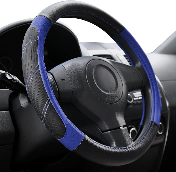 Elantrip Steering Wheel Cover Leather 15 1/2-16 inch Universal Padded Soft Grip Breathable for Car Truck SUV Jeep Anti Slip Blue and Black by Elantrip