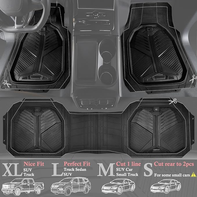 CAR PASS Heavy Duty Rubber Car Mats with Cargo Liner, Deep-Dish Car Floor Mats and Trunk Mat All Weather, Universal Trim-to-Fit for SUVs Trucks Sedans, Waterproof Anti-Slip, Trimmable V12 Black - Image 2