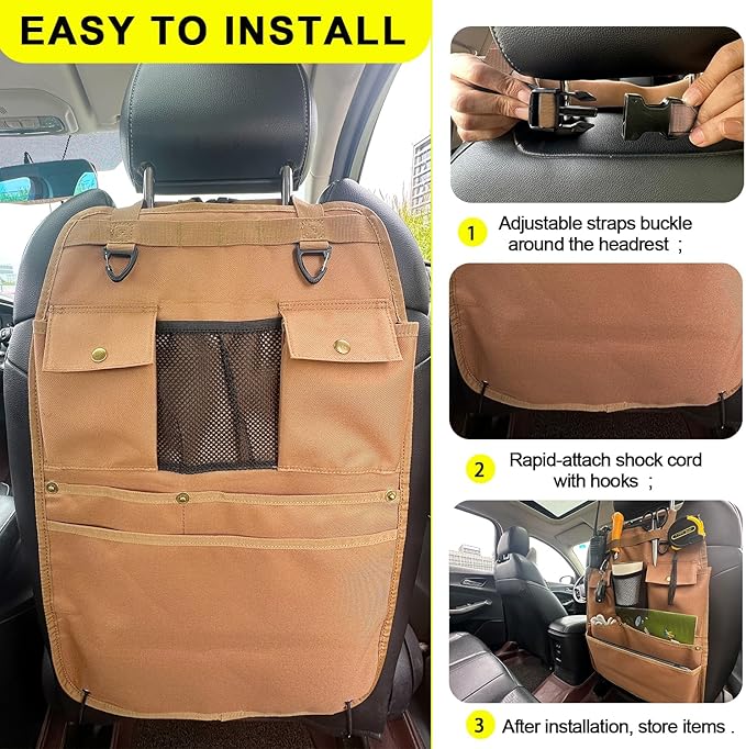 Car Seat Back Organizer with Multiple Pockets and Hooks (brown) - Image 4