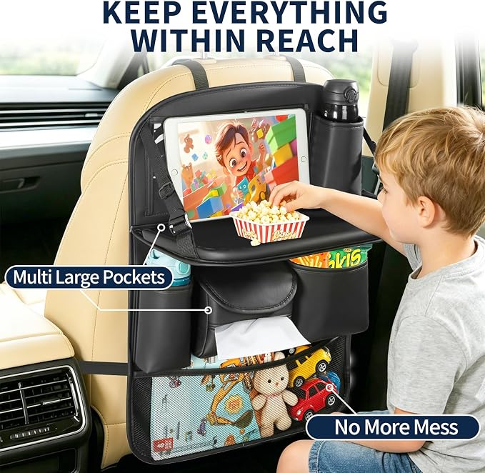 Backseat Car Organizer with Foldable Tray Table (2 Pack) | Premium PU Leather Seat Back Organizer with Tablet Holder, Large Pockets, Kick Mat for Family Travel and Daily Use - Image 2