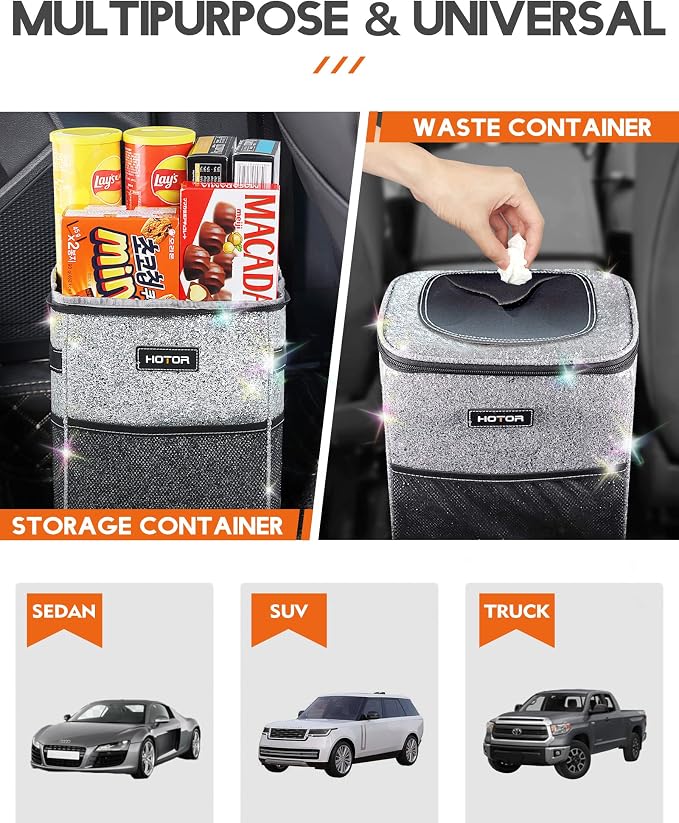 HOTOR Car Trash Can, Compact Waterproof Organizer, Leak-Proof Bin, 2-Gallon | Sparkle White, Multifunctional Car Accessory with Adjustable Straps & Magnetic Snaps for Interior Car Storage - Image 6
