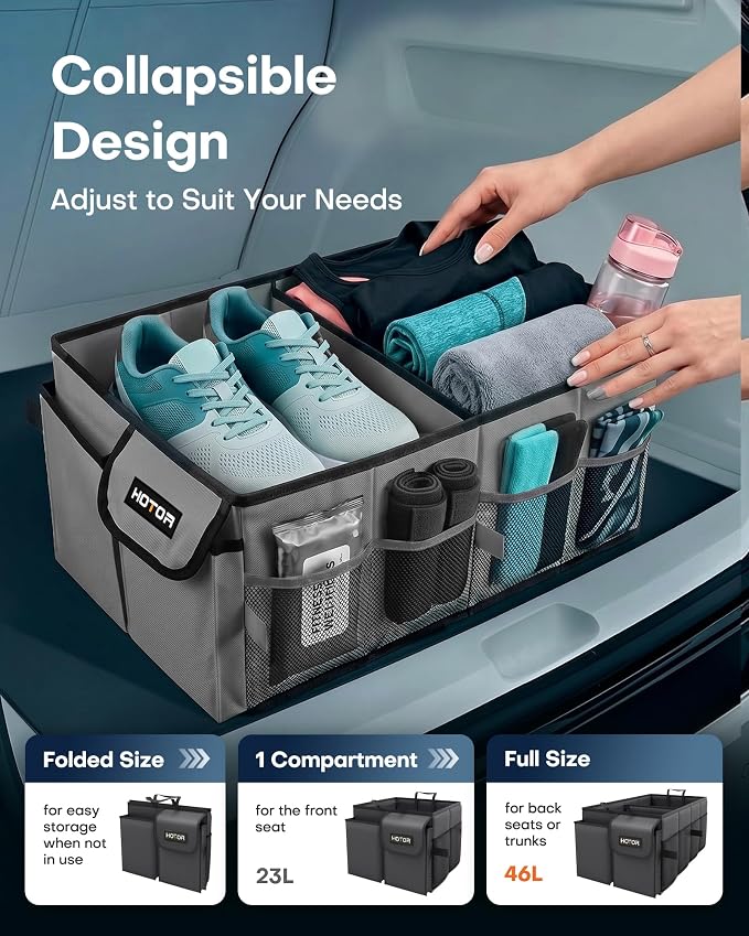 HOTOR Trunk Organizer - Foldable Car Organizer for SUVs & Sedans Storage | Sturdy Car Organization for Men & Women, Car Accessories, Tools, Sundries, Grey, 2 Compartments, 21.3" x 12.6" x 10.6" - Image 5