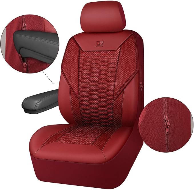 CAR PASS 3D Foam Mesh Leather Seat Covers Full Set, Wine Red Breathable Mesh Faux Leather Seat Covers for Car, Universal Fit for SUVs Vans Sedan Trucks Automotive,Armrest Airbag Compatible, Burgundy - Image 9