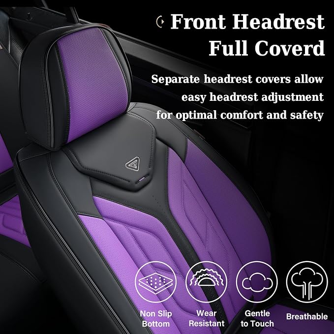 Coverado Car Seat Covers Full Set, Car Seat Protectors Leather Seat Covers for Cars, Automotive Seat Covers Car Accessories Universal Fit for Most Sedans SUV Pick-up Truck(Black&Purple) - Image 5