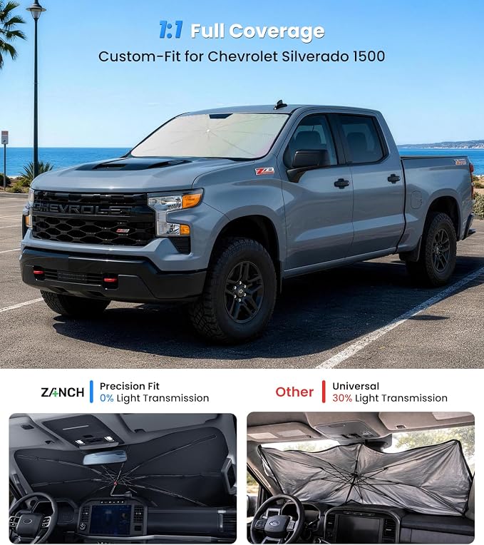 Zanch 2026 Upgraded Windshield Sun Shade Umbrella: for Chevrolet Silverado 1500 2019-2026 Front Window Sunshade, Block UV Rays & Keep Car Cool, 1:1 Scan for Silverado 1500, No Gaps & No Scratches. - Image 2