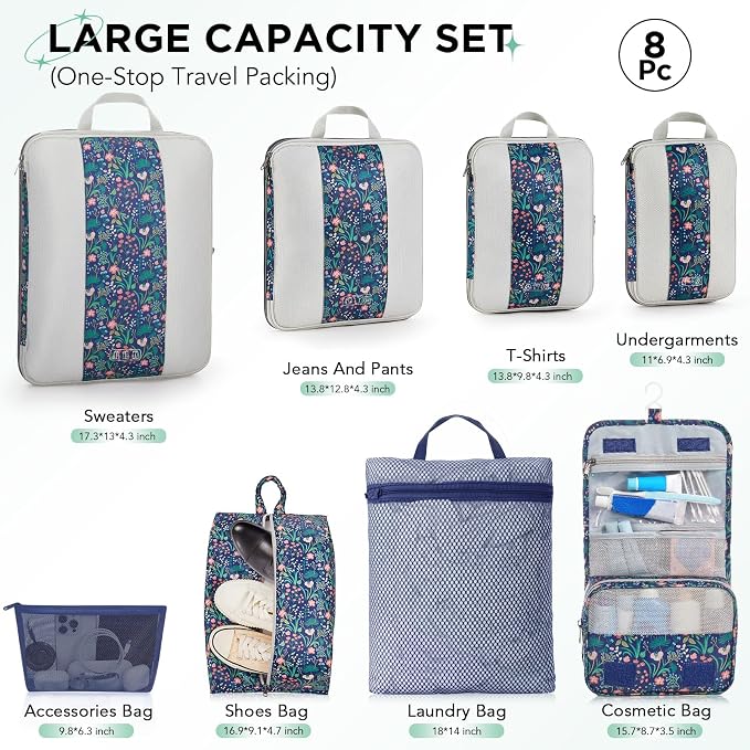 OlarHike 8 Set Compression Packing Cubes for Travel Essentials,Compressible Expandable Space Saver Bags for Organizing Clothes,Luggage Garment Bags with Over 1000 pcs Mesh Holes(Dark Blue Floral) - Image 2
