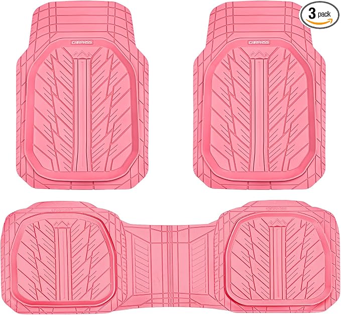 CAR PASS DeepDish Pink Floor Mats for Cars Full Set,Heavy Duty Rubber Car Mats 3-Piece,Universal Waterproof Trim-to Fit Automotive Floor Mats for Truck Van SUV, Durable All-Weather Car Mats (Pink) by CARPASS