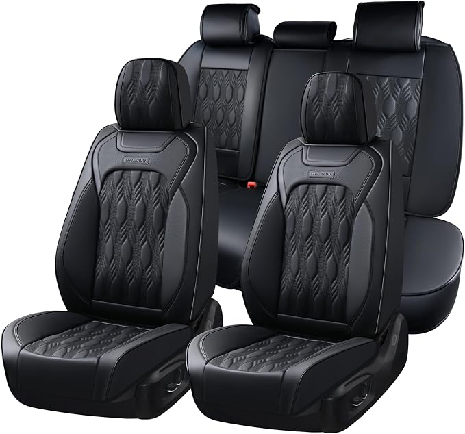 Coverado Car Seat Cover, Black Luxury Seat Cover for Cars, Premium Nappa Leather Seat Covers Full Set with Embossed Pattern, Waterproof Car Seat Protector Car Seat Cushions Universal Fit Most Vehicle by COVERADOAUTO