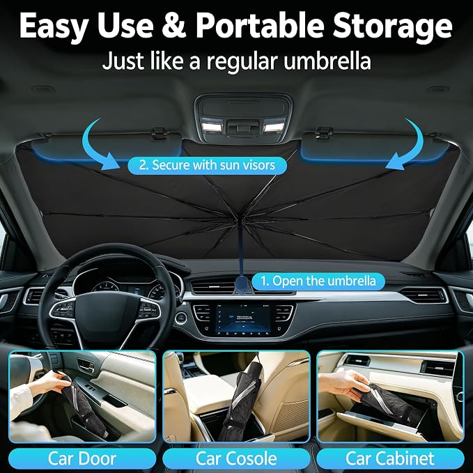 [2026 Upgrade] Windshield Sun Shade Umbrella, Foldable Car Front Window Sunshade with Titanium Coating, UV Rays Blocker & Heat Shield, Keep Vehicle Cool for Car SUV Truck RV Camper Sedan (51in x 31in) - Image 6