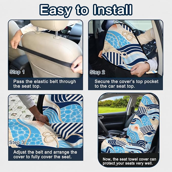Car Seat Towel Cover 2 Pack for Front Seats, Sweat Absorbent Car Seat Protector with Non-Slip Backing, Waterproof Towel Car Seat Covers for Runners, Gym, Swimming, Beach, Pets, Nautical Waves - Image 8
