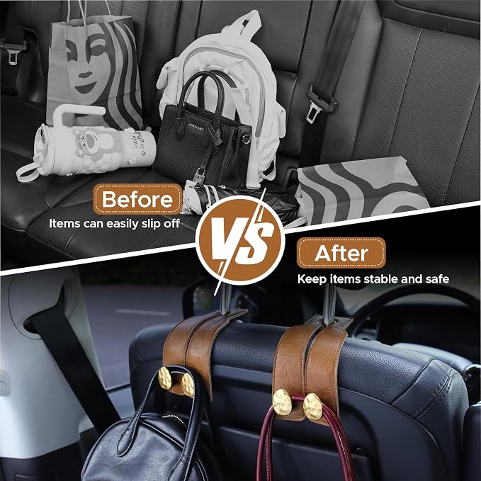 2PCS Leather Car Seat Hooks for Headrest, Vehicle Hanger Storage Organizer Universal for Handbag Purse, Car Accessories Gift (Brown-Gold) - Image 5