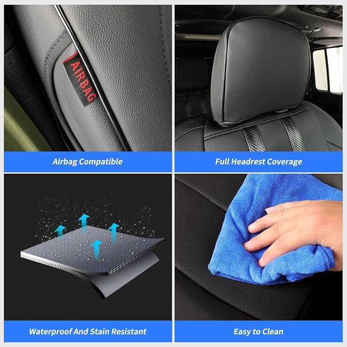 coverdream Front Wrangler Seat Covers for 2018-2026 Jeep Wrangler Rubicon,Sport,Sahara SUV,Rear Split Seat w/No Armrest,Fully Covered,Luxury Leather Car Seat Protector(2-Pack,Black & Carbon Fiber) - Image 5