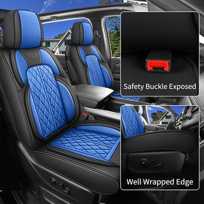 Car Seat Cover Custom Fit for Ford F150 2009-2026 Faux Leather Seat Cover Set Compatible with Regular Cab Super Cab Super Crew Pickup Truck Cushions (Black & Blue, Front Seat) - Image 3