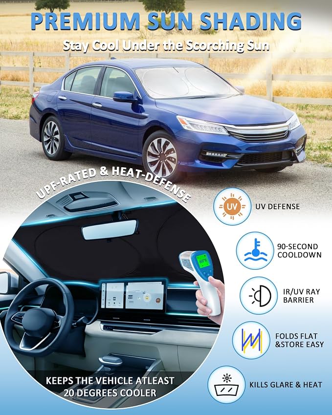 Windshield Sun Shade for Honda Accord 2013-2015 2016 2017 Window Sunshade | Custom Fit Accord 9th Accessories Windshield Cover Foldable Protector Shield Block UV Heat Rays - Image 2