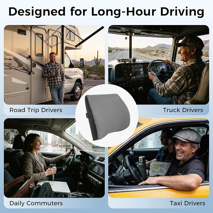 Lumbar Support Pillow for Car & Office Chair - High-Density Memory Foam Back Cushion for Sciatica & Lower Back Pain Relief - Non-Slip Support for Long Commutes & Desk Workers (Gray) - Image 7
