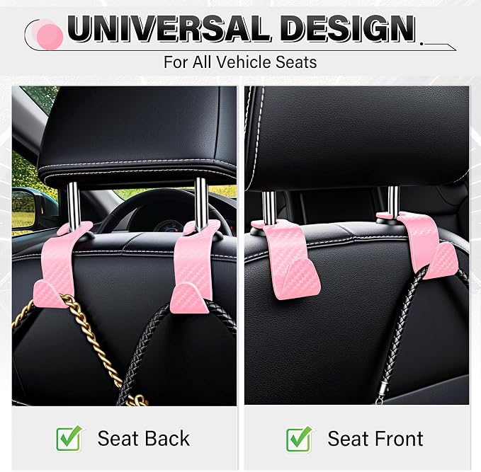 SINGARO Universal 4 Pack Car Seat Headrest Purse Hook, Carbon Fiber Back Seat Hook Storage Organizer Hanger for Purse Handbag Coat, Car Interior Accessories(Pink) - Image 4