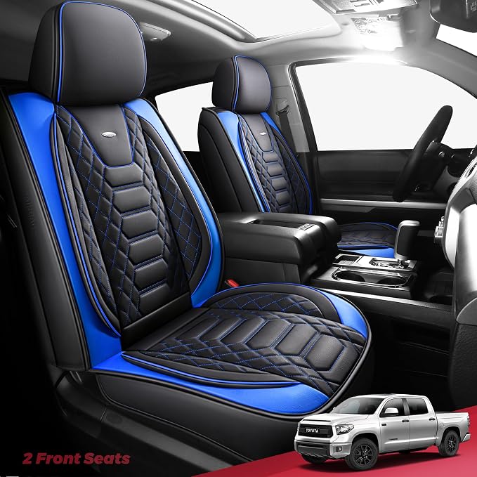 FREESOO for Toyota Tundra Seat Covers 2007-2021 Crewmax Cab 2 Front Set | 2pcs, Custom Fit, Airbag Compatible, Premium Waterproof Leather, for Truck Toyota Tundra Accessories, BlackBlue - Image 6