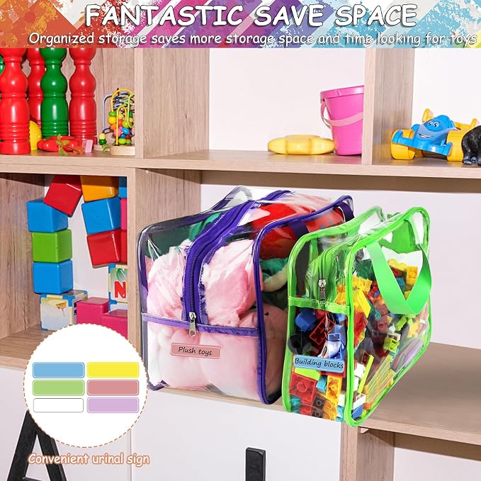 6 Colors Large Toy Storage Bags with Labels, Reusable Clear PVC Board Game Storage, Travel Waterproof Organizer Bags with Zipper for Building Blocks, Puzzle, Kids Books(3 large & 3 Widen X-Large) - Image 5
