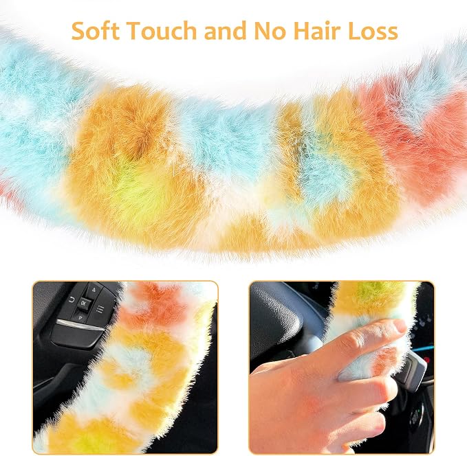Accmor Fuzzy Car Steering Wheel Cover, Universal Fluffy Auto Wheel Cover & Handbrake Cover & Gear Shift Cover Set, Soft Warm Steering Wheel Protector Car Accessories for Men Women Girls, Colorful - Image 4