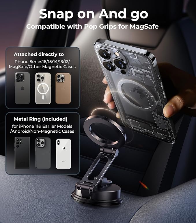【Vacuum Suction Folding Car Mount】Magnetic Car Phone Holder for magsafe, Aerospace Alloy Arm, Best Dashboard/Windshield/Screen Holder for Your Car/Tesla/Gym/Mirror/Shower/Smooth Surface/iPhone - Image 9