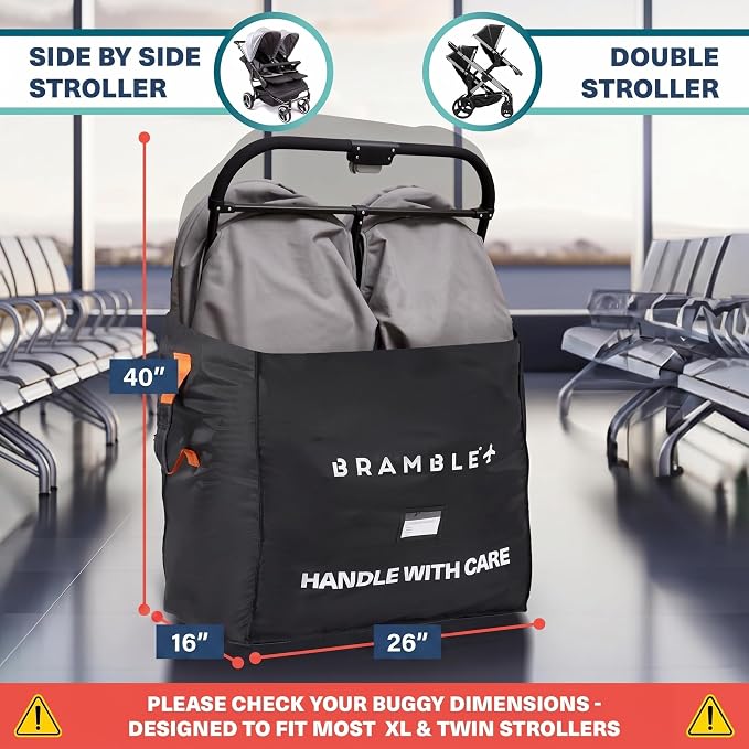 Bramble - XL Double Stroller Bag for Airplane Gate Check - Water Resistant Ballistic Nylon Travel Bag with Padded Neoprene Straps, Carry Pouch & ID Window - 39 x 26 x 16 Inches (Black) - Image 2
