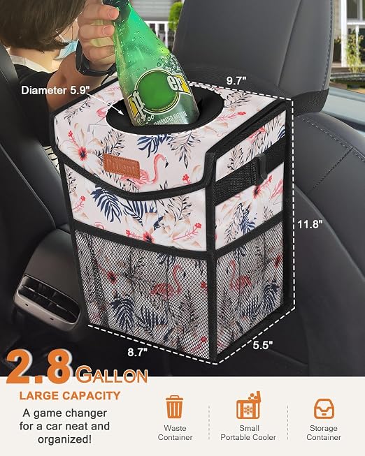 Pritent Car Trash Can with Lid Leakproof Car Garbage Bag Vehicle Trash Bin | Hanging Automotive Garbage Can,Multipurpose Car Accessories for Women Men Interior Car Storage Organizer(2.8 Gal,Flamingo) - Image 2