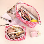 SOIDRAM 2 Pieces Makeup Bag Large Checkered Cosmetic Bag Capacity Canvas Mix Travel Toiletry Bag Organizer Cute Makeup Brushes Aesthetic Accessories Storage Bag for Women, Checkered Mix Rose Red - Image 4