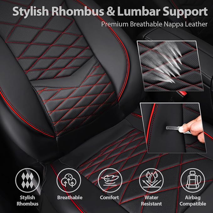 CAR PASS Luxury Nappa Leather Front Seat Covers, Water Resistant 3D Foam Seat Covers with Lumbar Support, Breathable Auto Seat Cover Airbag Compatible Universal Fit for Sedan SUV Van Truck, Black Red - Image 5