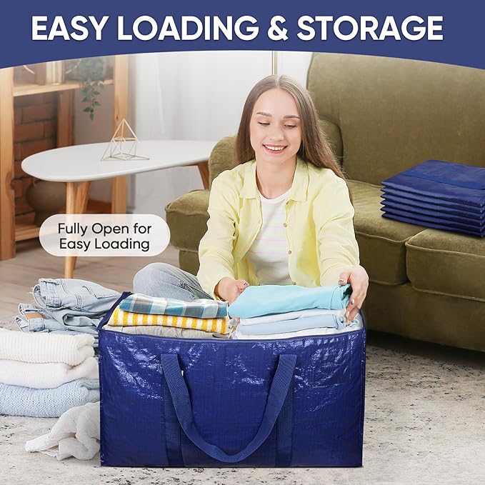 TICONN 6 Pack Extra Large Moving Bags Heavy Duty with Zippers & Carrying Handles, Durable Storage Bags Moving Boxes for Closet Organizers and Storage (6 Pack, Navy) - Image 7