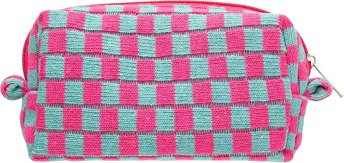 Checkered Makeup Bag for Purse, Small Travel Cosmetic Pouch,Magenta Green | Cute Zipper Makeup Organizer for Women, Travel Essentials, Toiletries, Makeup Brushes, Beauty Accessories&Bridesmaid Gifts by PAZIMIIK