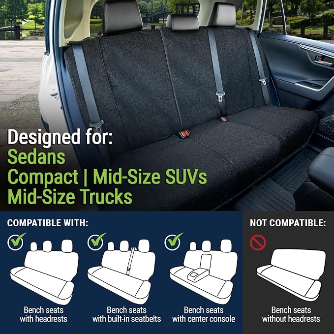 Season Guard Back Seat Towel Seat Cover for Cars; Great for After Gym Workouts, Dogs, and Outdoor Activities; Universal Fit for Cars SUVs Vans Trucks Rear Seats, EZ fit, Non Slip Grip, Black - Image 6