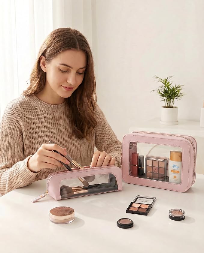 Clear Makeup Brush Bag Pouch,Waterproof PU Leather Portable Travel Makeup Bag with Transparent Window, Travel Essentials Pencil Case Organizer Pouch Car Accessories for Women Girls (Slim, Light Pink) - Image 4