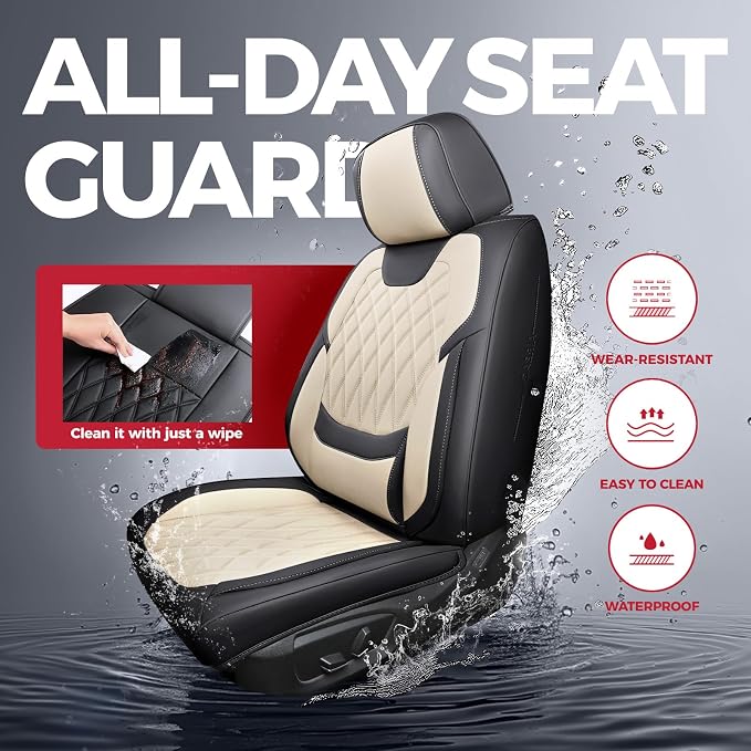 FREESOO Car Seat Covers Full Set Faux Leather Universal Fit Black Beige | faux nappa leather seat covers, waterproof breathable, full set lumbar support, front rear covers, fit sedans suvs pickups - Image 5