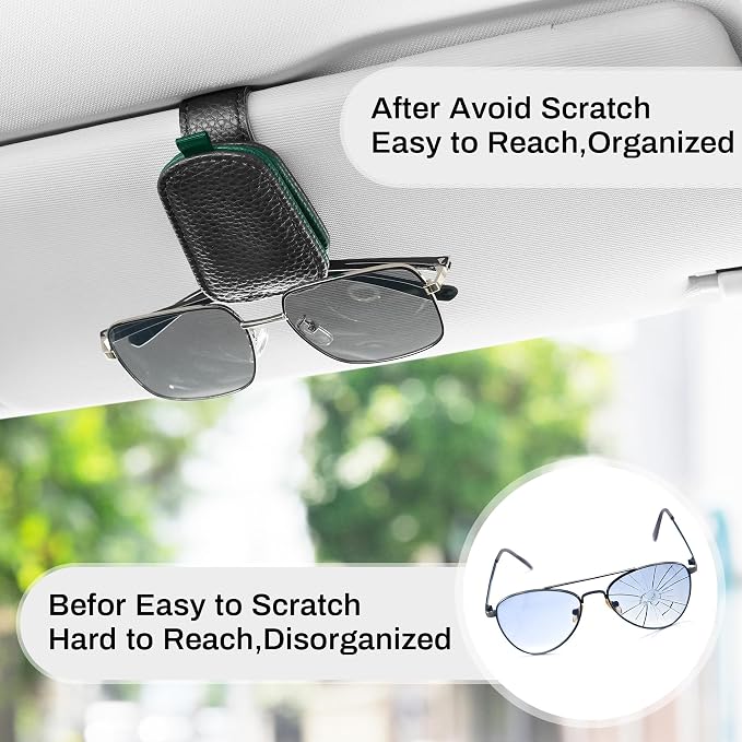 SINGARO Sunglasses Holder for Car, Leather Magnetic Buckle Sun Visor Sunglass Clip, Ticket Card Storage Glasses Clip, Car Interior Accessories for Men and Women（Black-Green） - Image 6
