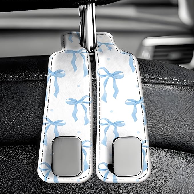 Car Seat Back Storage Headrest Hook, Premium Leather Double Metal Hook, Hanger Storage Organizer for Purse Cloth Bag, Car Interior Accessories Blue Cute Bowties - Image 6