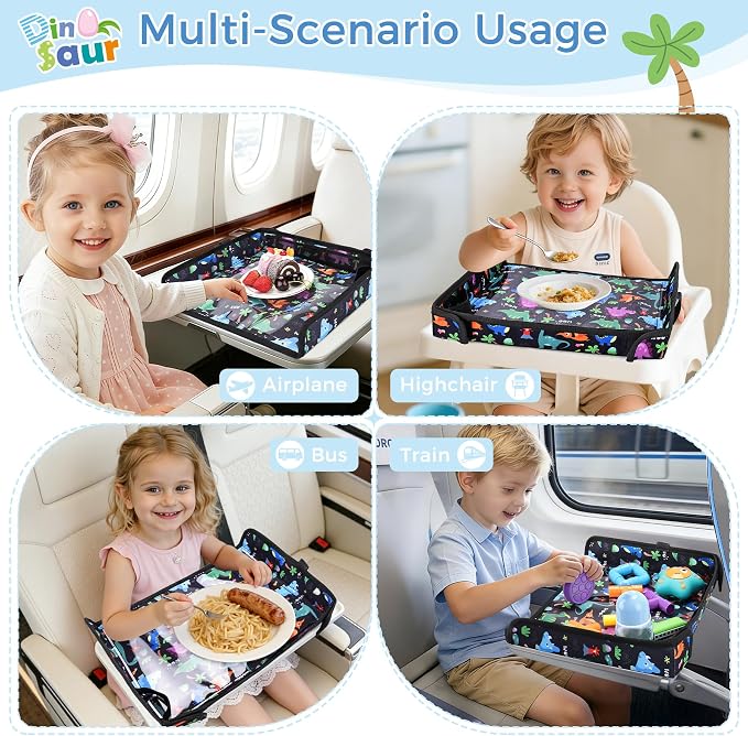 COOLBEBE Airplane Tray Table Cover, Foldable Travel Tray Cover | for Toddlers 1-3, Universal Fit for Airplane, Car Seat, High Chair, Machine Washable, Portable, Black Dinosaur - Image 2