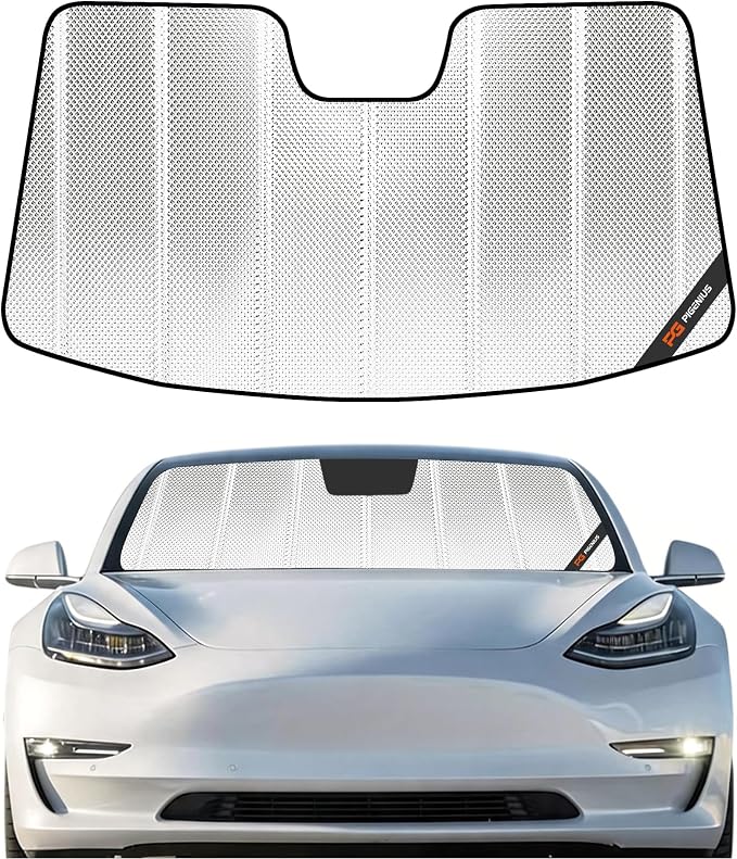 Pigenius Windshield Sun Shade for Tesla Model 3 2018-2025, Tesla Model Y 2020-2026. Reflective Aluminum Film Front Window Sunshade - BLAZBLOCK by Pigenius