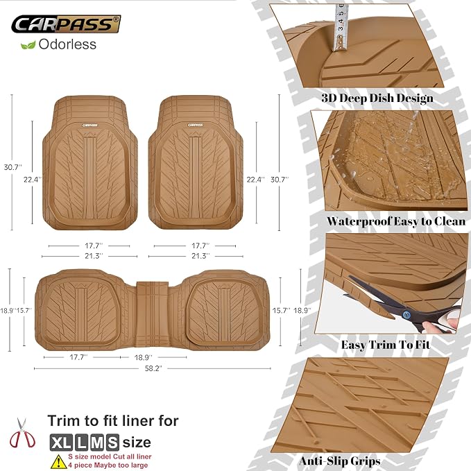 CAR PASS Tire Tread DeepDish Rubber Floor Mats for car Heavy Duty car mats All Weather, Universal XL~M Trim to Fit for Truck SUV Vehicle Automotive, Waterproof car mats 3 piece Solid Beige - Image 2