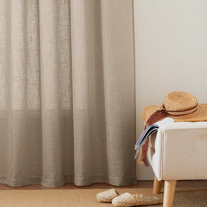 RYB HOME Sheer Linen Curtains 90 inches Long for Living Room | Rod Pocket, Easy Sliding, Linen Blend, Light Filtering, Privacy Protected, Dining Room Bedroom, Khaki, 2 Panels - Image 7