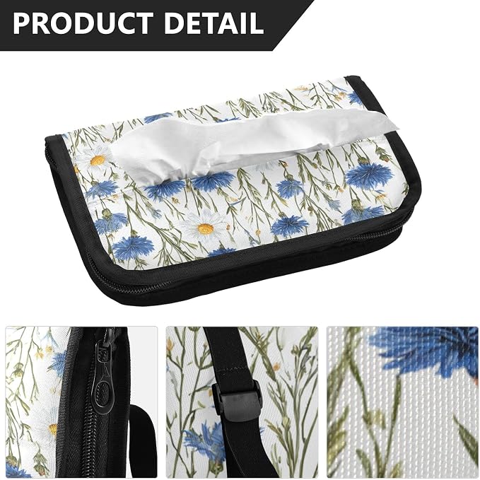Car Tissue Holder Car Napkin Holder Tissue Box Dispenser Storage Case Sun Visor Mask Holder with Adjustable Straps Reusable Refillable Blue and White Daisy03 - Image 3