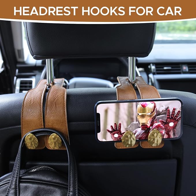 4 PCS Leather Car Seat Hooks for Headrest, Vehicle Hanger Storage Organizer Universal for Handbag Purse, Car Accessories Gift (Brown-Gold-4 PCS) - Image 3