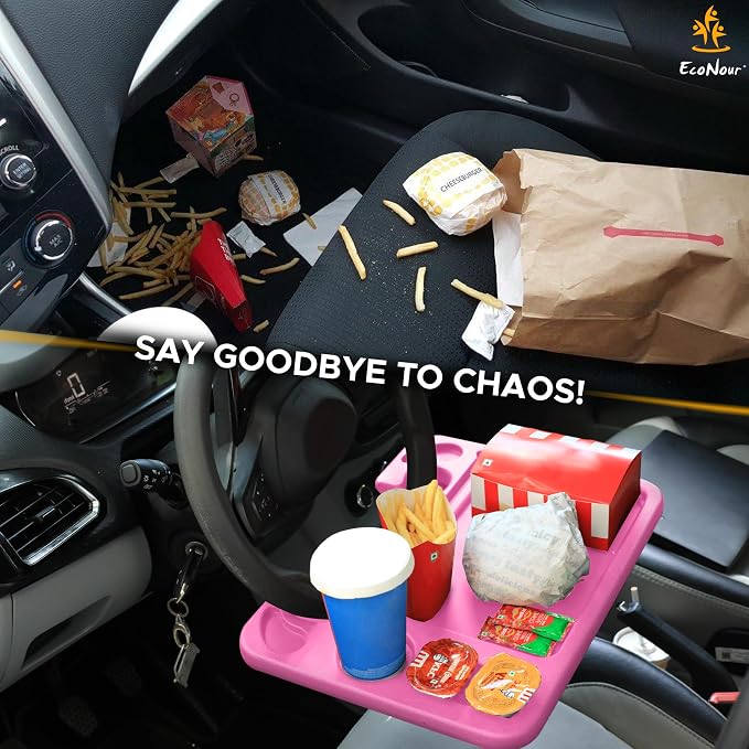 EcoNour 4 in 1 Car Steering Wheel Tray - 2024 Upgraded Pink Tray with Dual | Sauce Dip Holder and Tablet Holder | Spacious Steering Wheel Desk for Food and Laptop | Car Accessories (Large) - Image 6