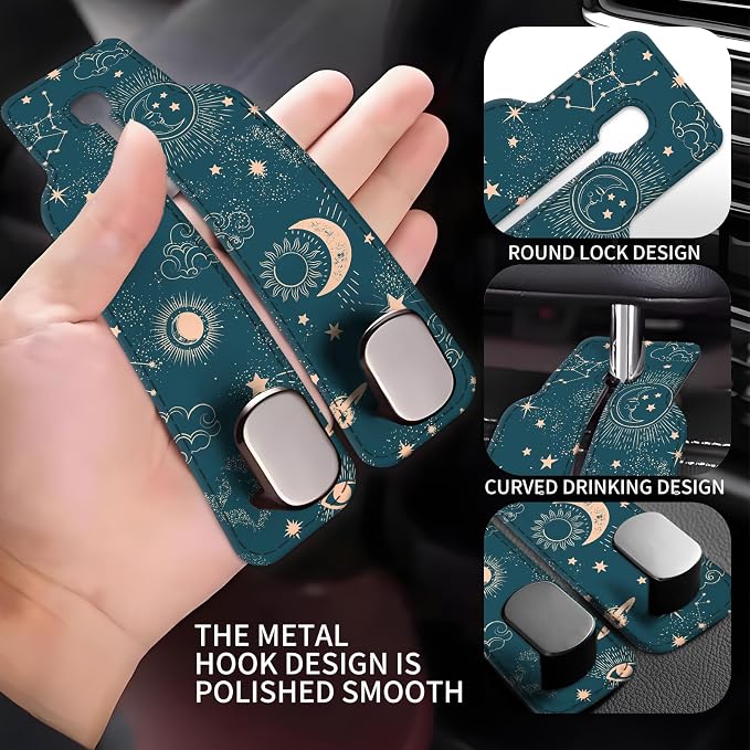Car Seat Back Storage Headrest Hook, Premium Leather Double Metal Hook, Hanger Storage Organizer for Purse Cloth Bag, Car Interior Accessories Cute Blue Sun Boho - Image 3