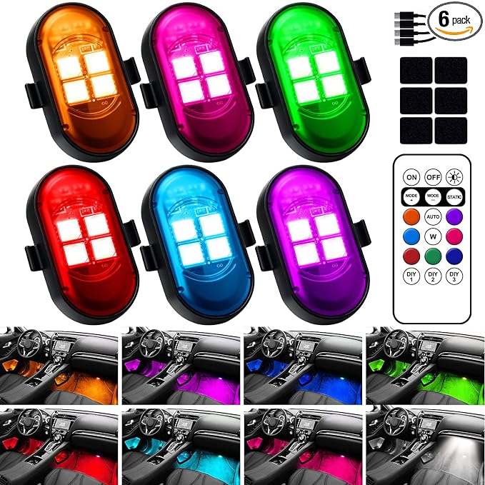 Wireless LED Lights for Car, Rechargeable Interior Car Lights | Remote Control, 8 Colors, 10 Modes, 3 Brightness Levels, USB-C Accent Lights for Car, Truck, Motorcycle & Bike by HEMEI9319