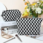 SOIDRAM 2 Pieces Black Makeup Bag Large Checkered Cosmetic Bag Capacity Canvas Mix Travel Toiletry Bag Organizer Cute Makeup Brushes Aesthetic Accessories Storage Bag for Women, Checkered Mix Black - Image 2