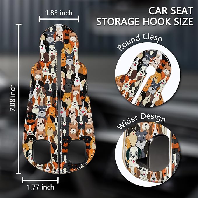 Blusabaca 2PCS Car Seat Headrest Hooks, Purses Bags Holder, Cute Dogs Puppy | PU Leather, Double Metal Back Storage Hangers for Grocery Bags Handbags Bottles Coats Phones, Car Accessories Organization - Image 5