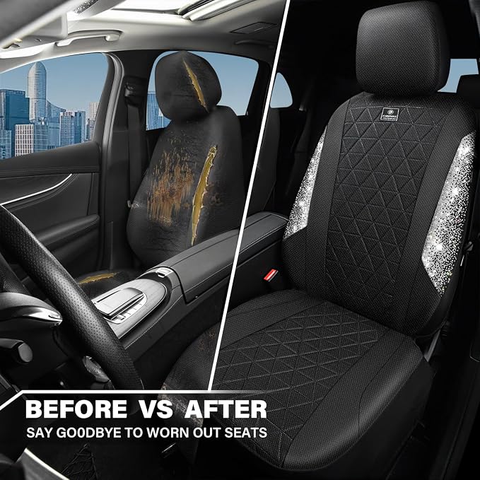 CAR PASS Oxford Bling Diamond Car Seat Covers 2 Front Interior Sets, Waterproof Shining Glitter Sparkly Crystal Universal Armrest Fit 95% Automotive Truck SUV Cute Women Girl, Black Silver Rhinestone - Image 6